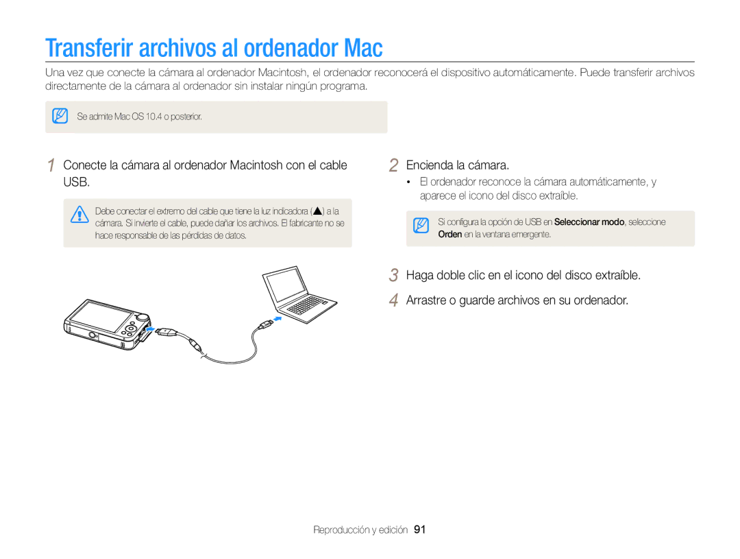 Samsung EC-PL170ZBPBE1 Transferir archivos al ordenador Mac, Conecte la cámara al ordenador Macintosh con el cable USB 