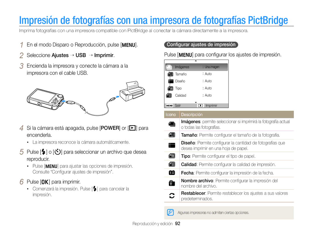 Samsung EC-PL170ZFPLE1, EC-PL170ZFPBE1 manual Pulse o para imprimir, Pulse m para conﬁgurar los ajustes de impresión 