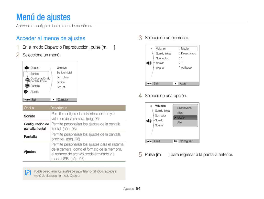 Samsung EC-PL170ZBPPE1, EC-PL170ZFPBE1, EC-PL170ZBPBE1 Menú de ajustes, Acceder al menú de ajustes, Seleccione un elemento 