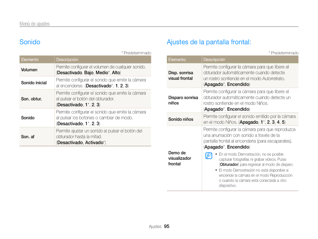 Samsung EC-PL170ZFPPE1, EC-PL170ZFPBE1 manual Sonido, Ajustes de la pantalla frontal, Menú de ajustes, Elemento Descripción 