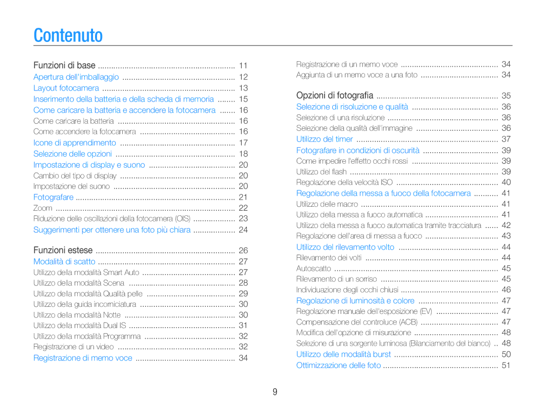 Samsung EC-PL200ZBPRIT, EC-PL200ZBDBUS manual Contenuto, Funzioni di base Apertura dellimballaggio Layout fotocamera 