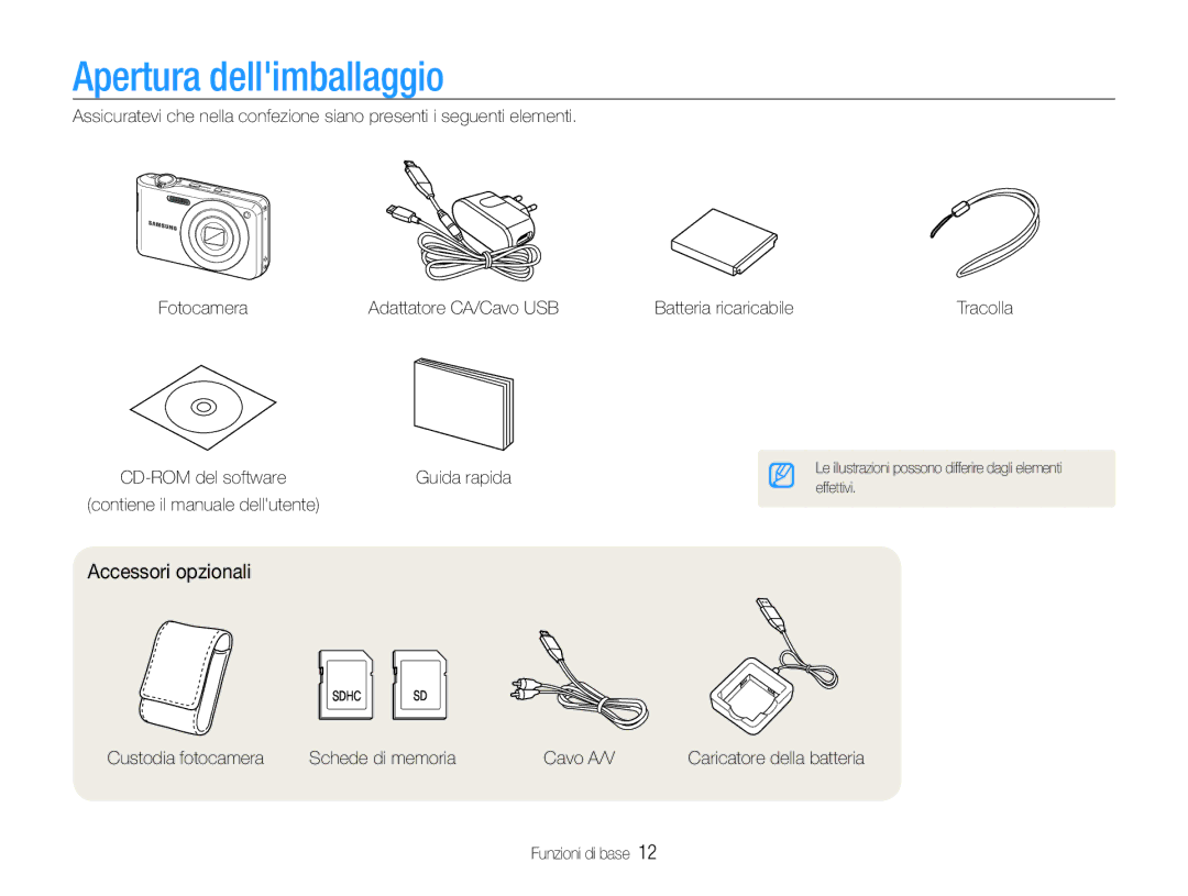 Samsung EC-PL200ZBPSIT manual Apertura dellimballaggio, Accessori opzionali, Custodia fotocamera Schede di memoria Cavo A/V 