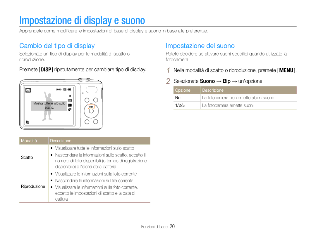 Samsung EC-PL200ZBPSIT, EC-PL200ZBDBUS Impostazione di display e suono, Cambio del tipo di display, Impostazione del suono 