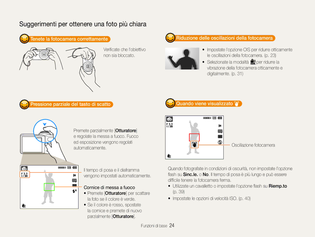 Samsung EC-PL200ZBPSIT, EC-PL200ZBDBUS Tenete la fotocamera correttamente, Riduzione delle oscillazioni della fotocamera 