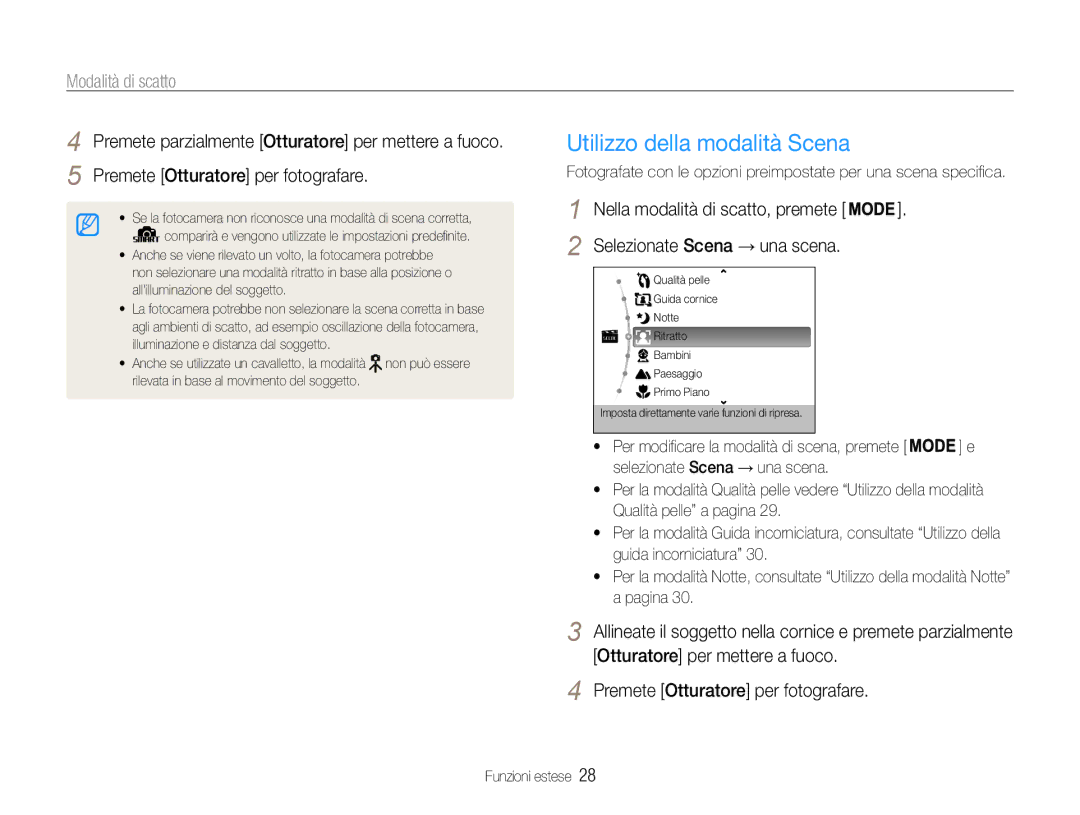 Samsung EC-PL200ZBPSIT, EC-PL200ZBDBUS, EC-PL200ZBPRIT, EC-PL200ZBPBIT Utilizzo della modalità Scena, Modalità di scatto 