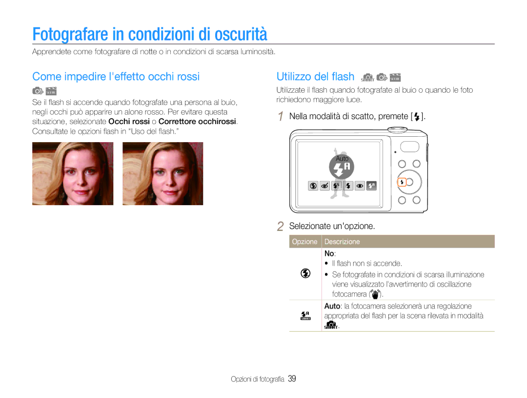 Samsung EC-PL200ZBDBUS manual Fotografare in condizioni di oscurità, Come impedire leffetto occhi rossi, Utilizzo del flash 