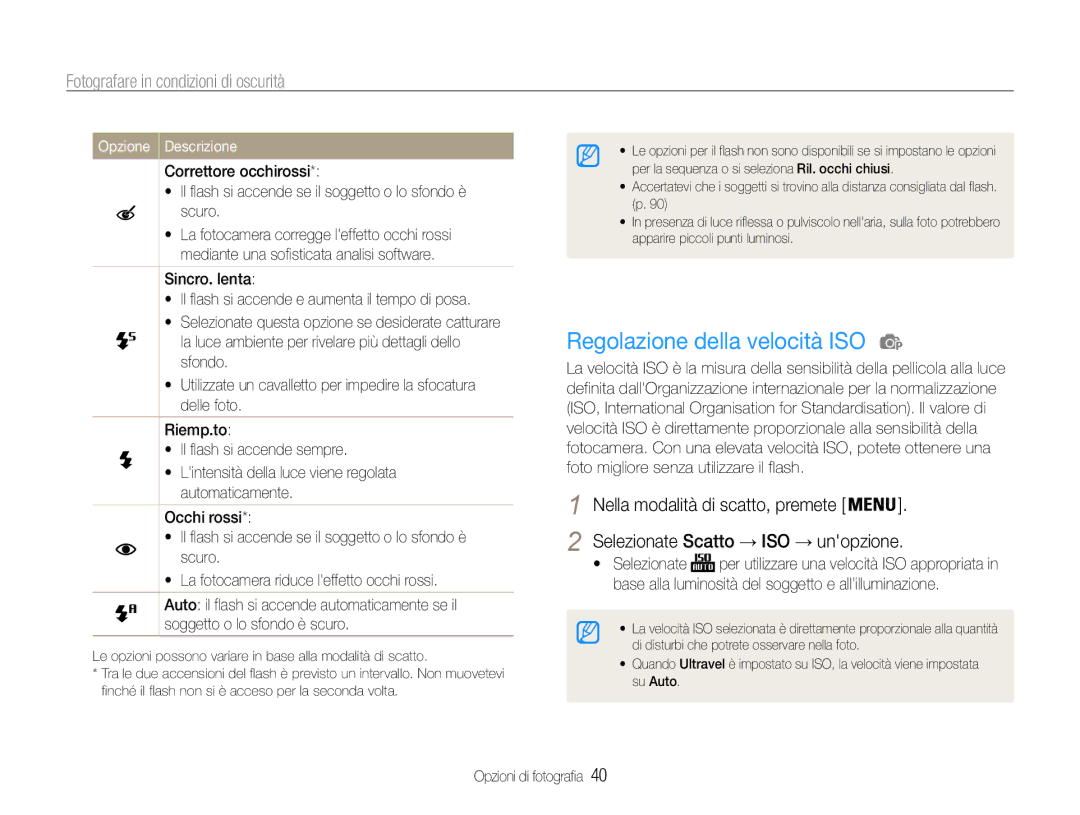 Samsung EC-PL200ZBPSIT, EC-PL200ZBDBUS manual Regolazione della velocità ISO, Fotografare in condizioni di oscurità 