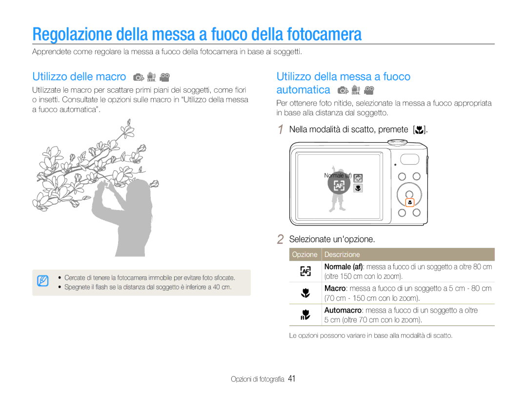 Samsung EC-PL200ZBPRIT, EC-PL200ZBDBUS manual Regolazione della messa a fuoco della fotocamera, Utilizzo delle macro 