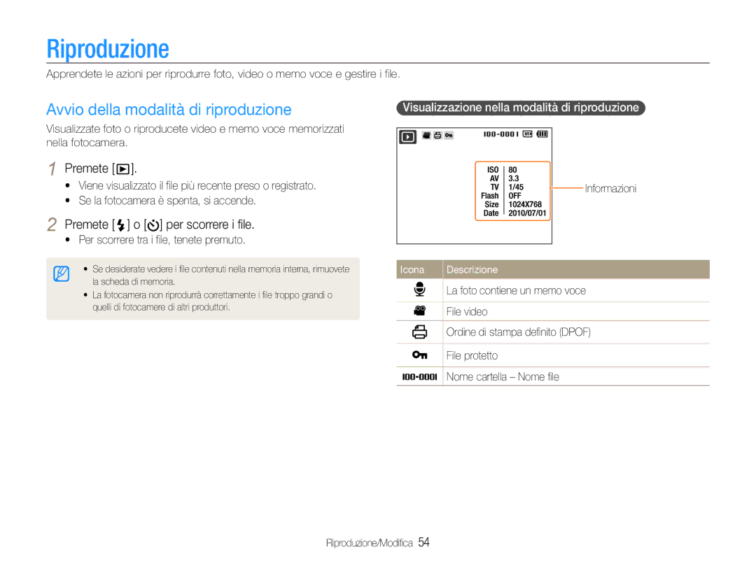 Samsung EC-PL200ZBPBIT, EC-PL200ZBDBUS Riproduzione, Avvio della modalità di riproduzione, Premete o per scorrere i file 