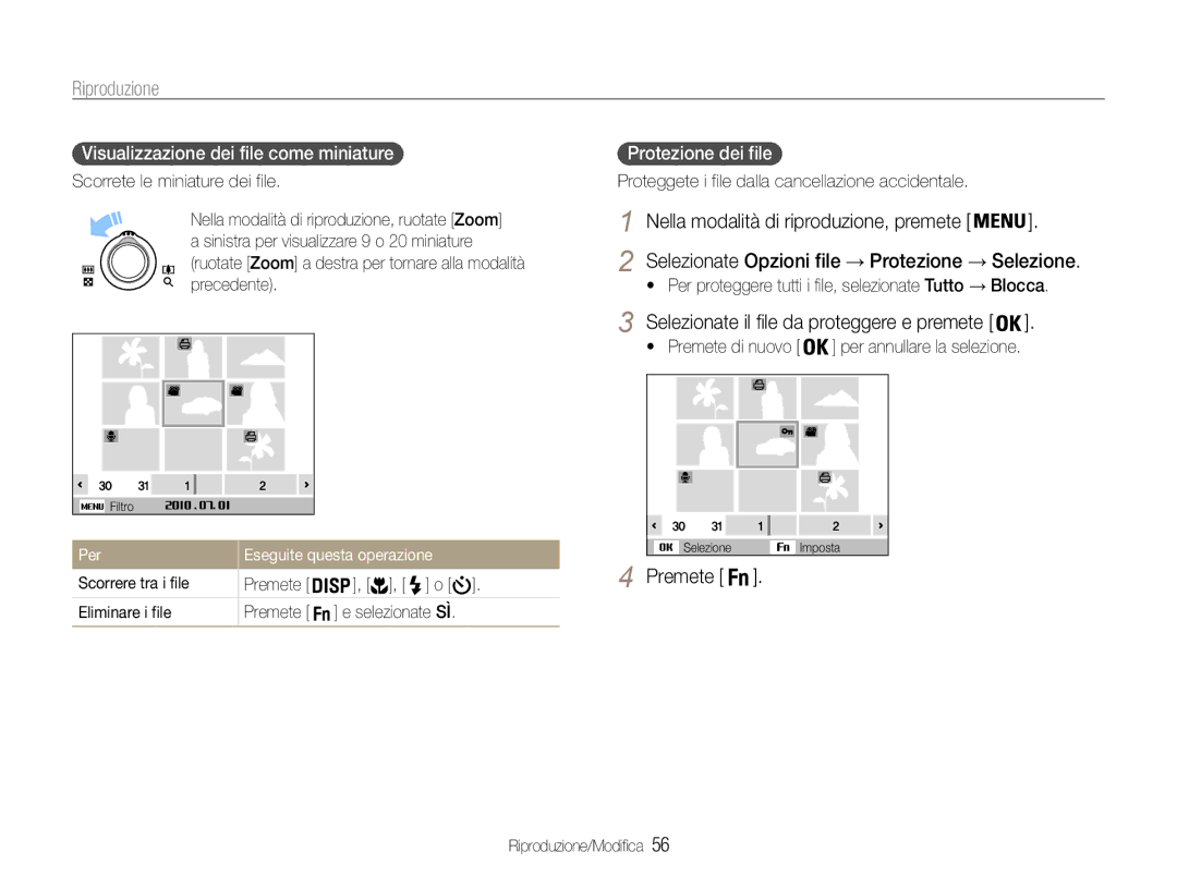 Samsung EC-PL200ZBPSIT manual Visualizzazione dei file come miniature, Protezione dei file, Per Eseguite questa operazione 