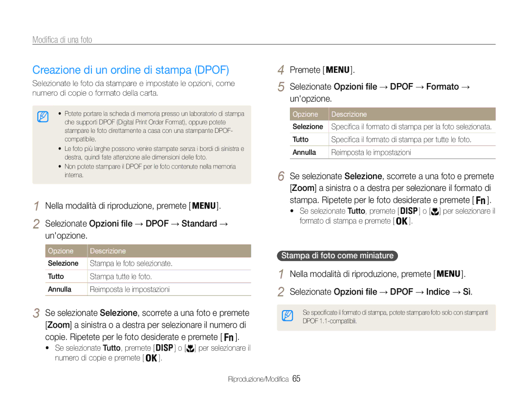 Samsung EC-PL200ZBPRIT Creazione di un ordine di stampa Dpof, Selezionate Opzioni file → Dpof → Standard →, Unopzione 