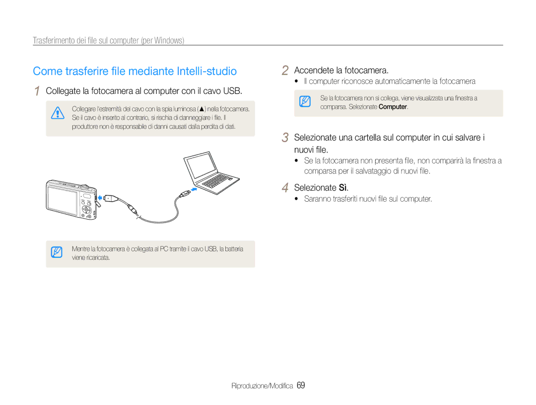 Samsung EC-PL200ZBPRIT Come trasferire file mediante Intelli-studio, Collegate la fotocamera al computer con il cavo USB 