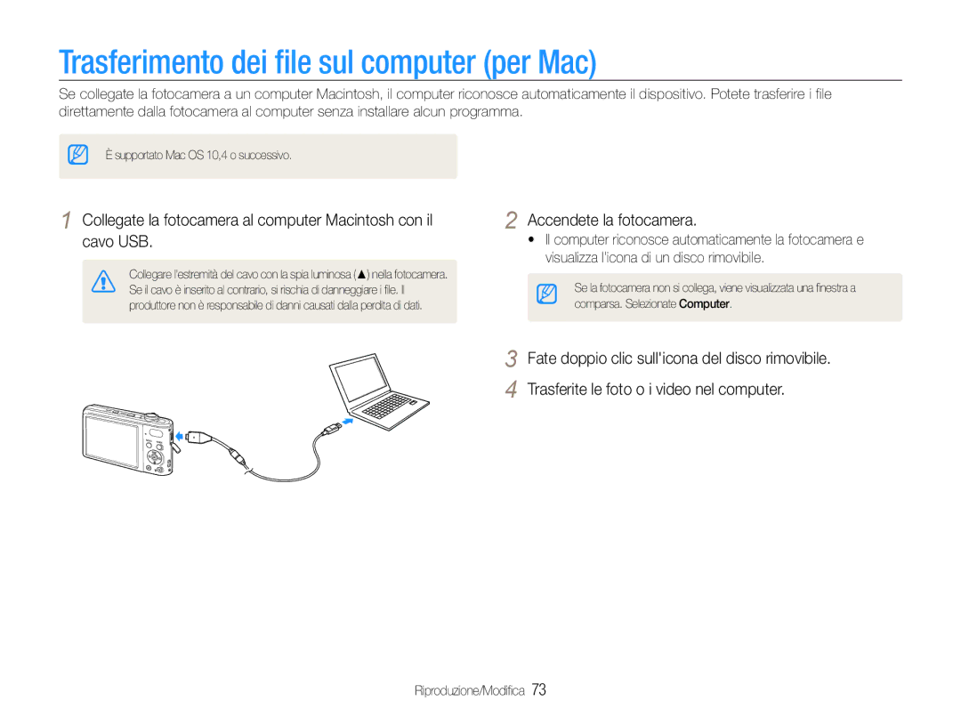 Samsung EC-PL200ZBPRIT, EC-PL200ZBDBUS, EC-PL200ZBPSIT, EC-PL200ZBPBIT manual Trasferimento dei file sul computer per Mac 