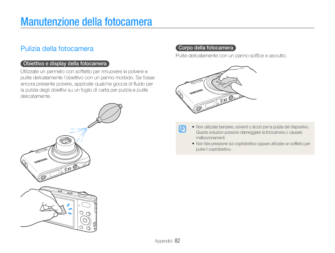 Samsung EC-PL200ZBPBIT manual Manutenzione della fotocamera, Pulizia della fotocamera, Obiettivo e display della fotocamera 