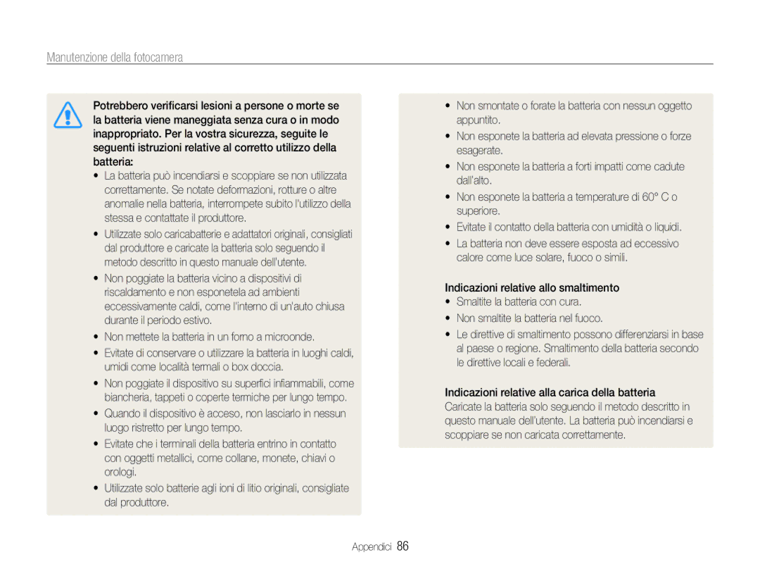 Samsung EC-PL200ZBPBIT, EC-PL200ZBDBUS, EC-PL200ZBPSIT, EC-PL200ZBPRIT manual Manutenzione della fotocamera 