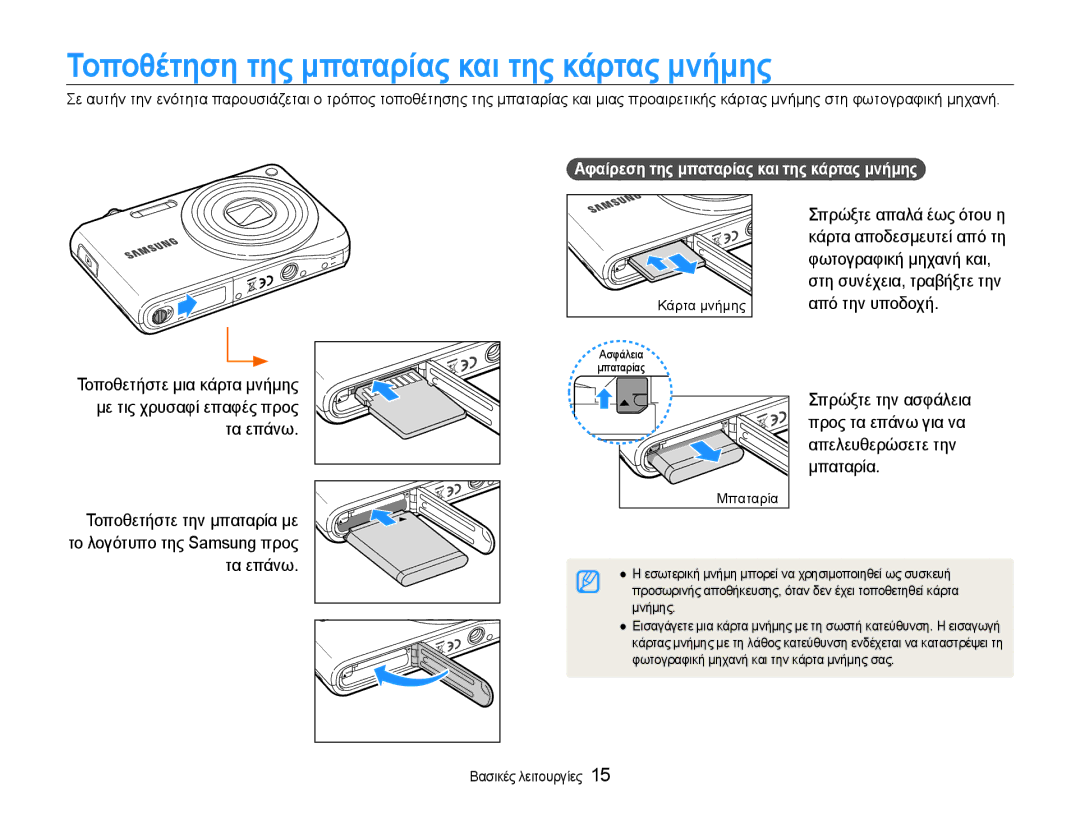 Samsung EC-PL200ZBPBE3 manual Τοποθέτηση της μπαταρίας και της κάρτας μνήμης, Αφαίρεση της μπαταρίας και της κάρτας μνήμης 