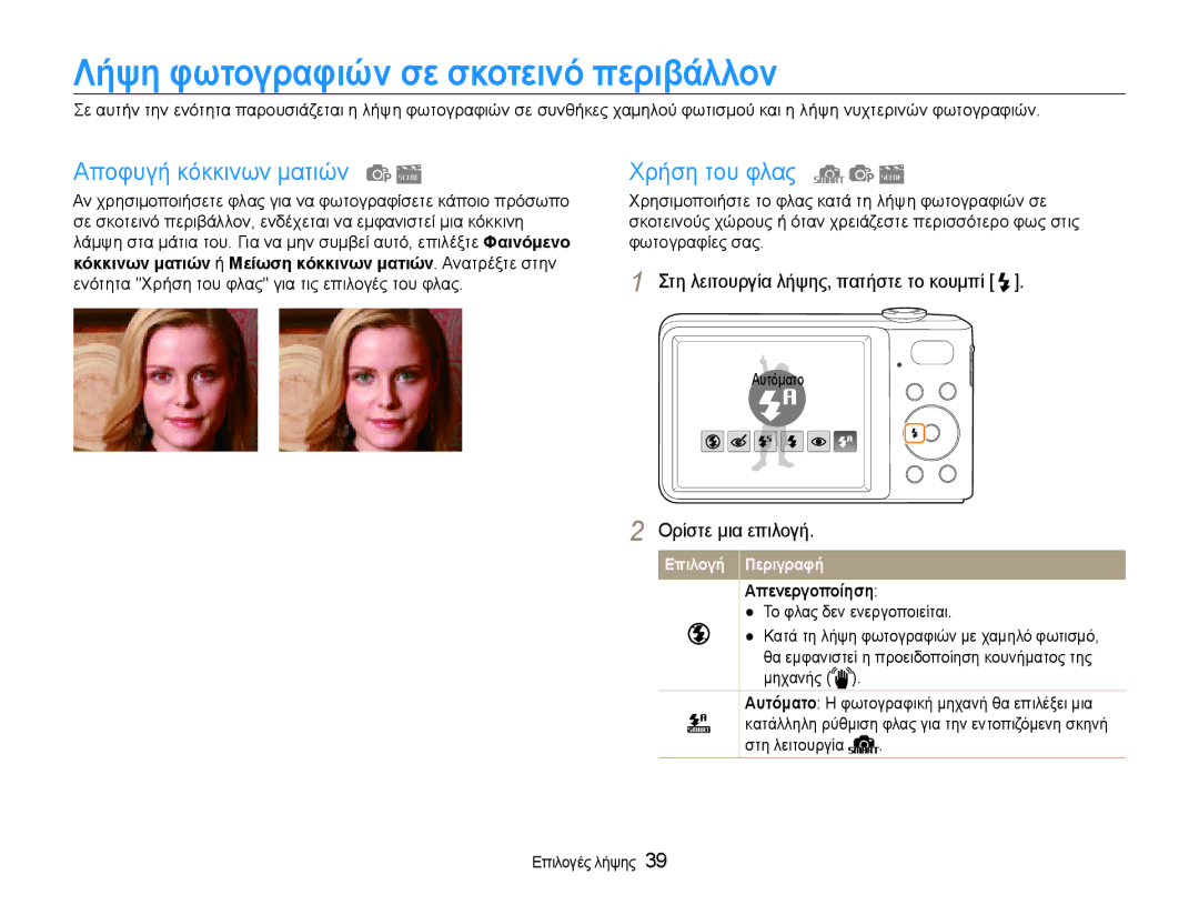 Samsung EC-PL200ZBPBE3 Λήψη φωτογραφιών σε σκοτεινό περιβάλλον, Αποφυγή κόκκινων ματιών, Χρήση του φλας, Απενεργοποίηση 