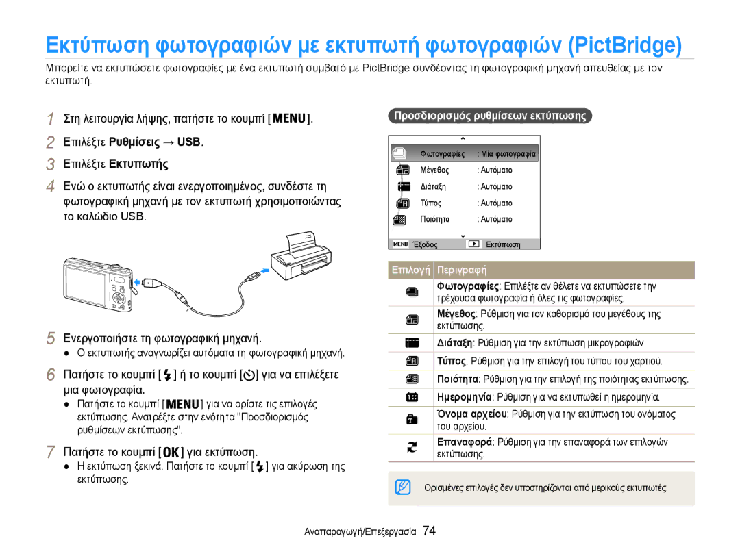 Samsung EC-PL200ZBPSE3, EC-PL200ZBPBE3 manual Επιλέξτε Ρυθμίσεις → USB, Μια φωτογραφία, Πατήστε το κουμπί για εκτύπωση 