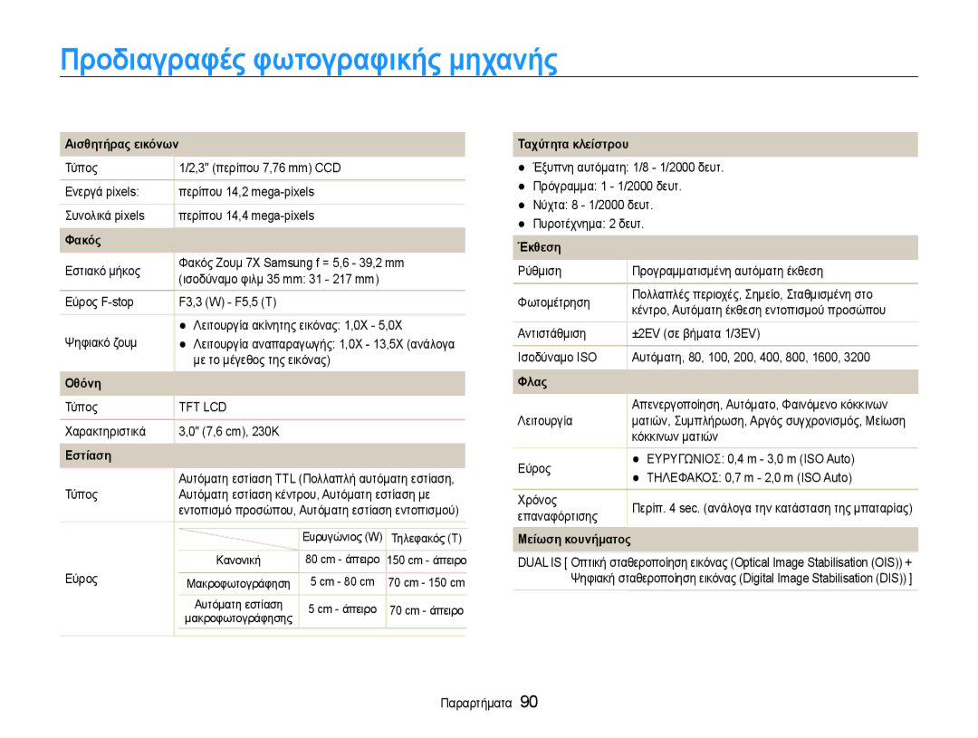 Samsung EC-PL200ZBPSE3, EC-PL200ZBPBE3 manual Προδιαγραφές φωτογραφικής μηχανής 