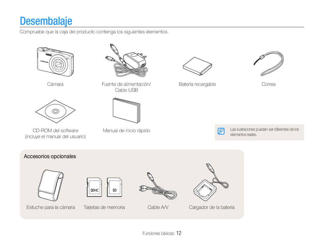 Samsung EC-PL200ZBPBE1, EC-PL200ZBPRE1 manual Desembalaje, Accesorios opcionales, Batería recargable, Funciones básicas 