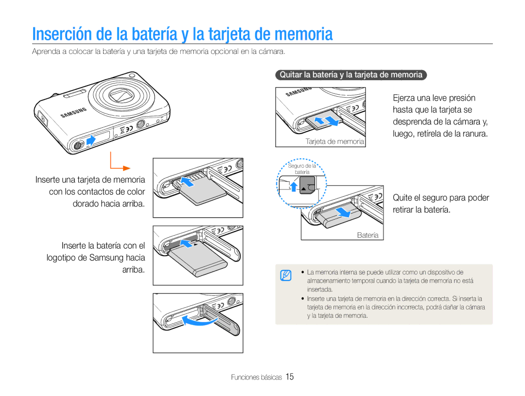 Samsung EC-PL200ZBPRE1 Inserción de la batería y la tarjeta de memoria, Quite el seguro para poder retirar la batería 