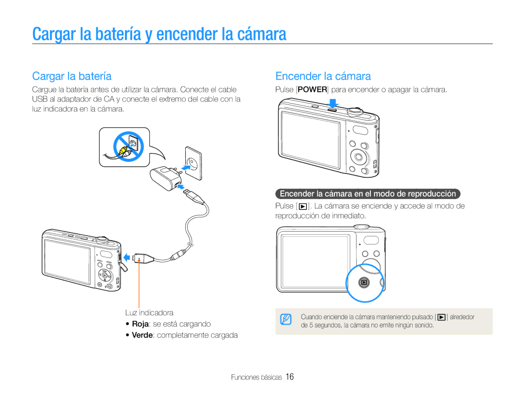 Samsung EC-PL200ZBPBE1, EC-PL200ZBPRE1 manual Cargar la batería y encender la cámara, Encender la cámara 