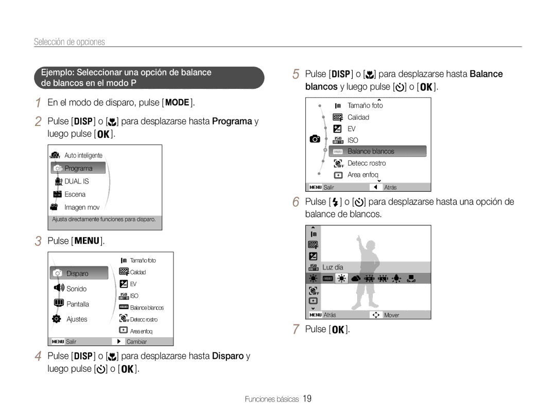 Samsung EC-PL200ZBPRE1 manual Selección de opciones, Blancos y luego pulse o, Balance de blancos, Luego pulse o 