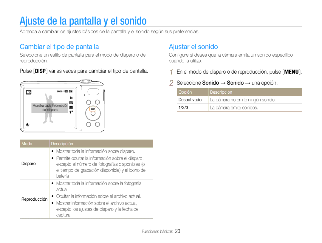 Samsung EC-PL200ZBPBE1, EC-PL200ZBPRE1 Ajuste de la pantalla y el sonido, Cambiar el tipo de pantalla, Ajustar el sonido 