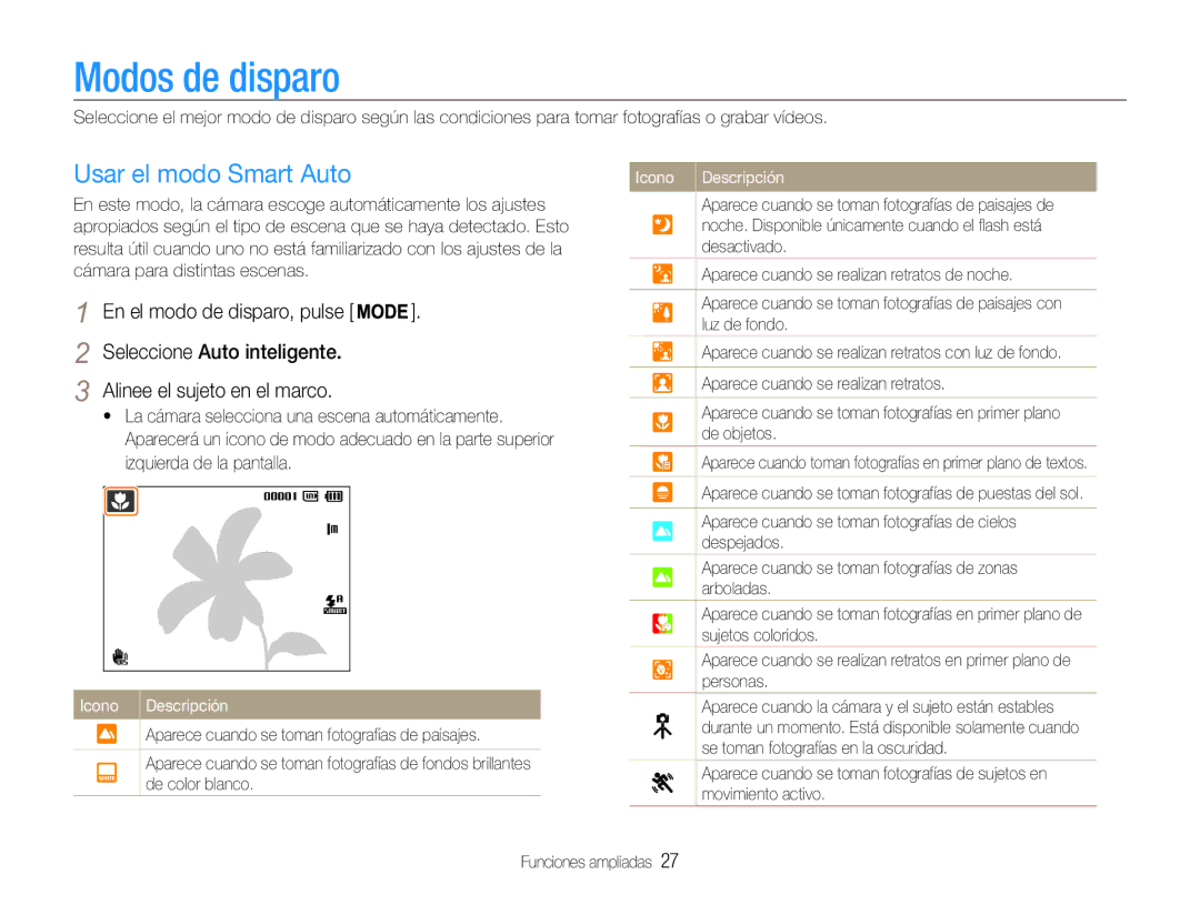 Samsung EC-PL200ZBPRE1 Modos de disparo, Usar el modo Smart Auto, Seleccione Auto inteligente Alinee el sujeto en el marco 