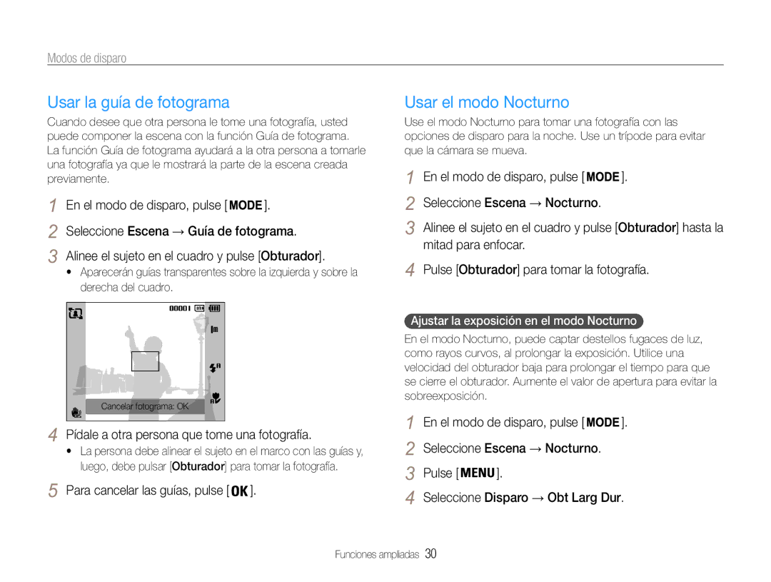 Samsung EC-PL200ZBPBE1 Usar la guía de fotograma, Usar el modo Nocturno, Pídale a otra persona que tome una fotografía 
