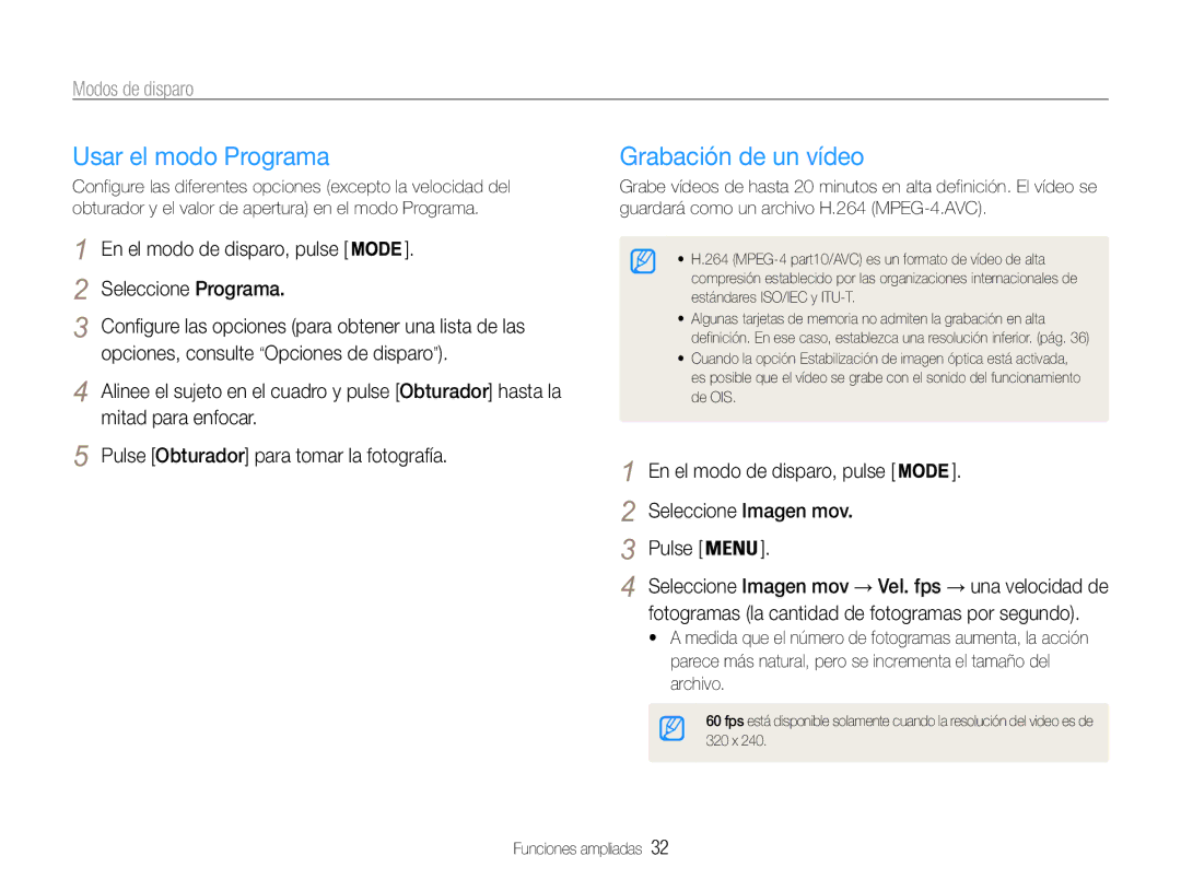 Samsung EC-PL200ZBPBE1, EC-PL200ZBPRE1 manual Usar el modo Programa, Grabación de un vídeo, Seleccione Programa 