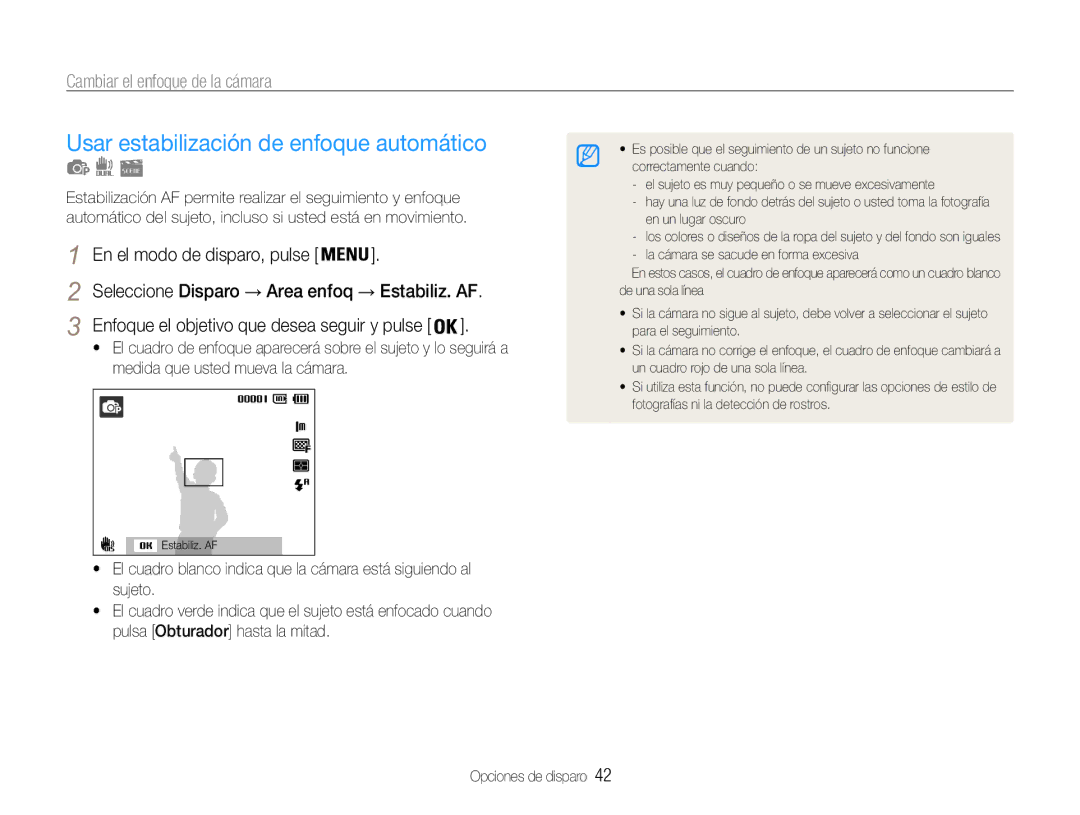 Samsung EC-PL200ZBPBE1, EC-PL200ZBPRE1 manual Usar estabilización de enfoque automático, Cambiar el enfoque de la cámara 