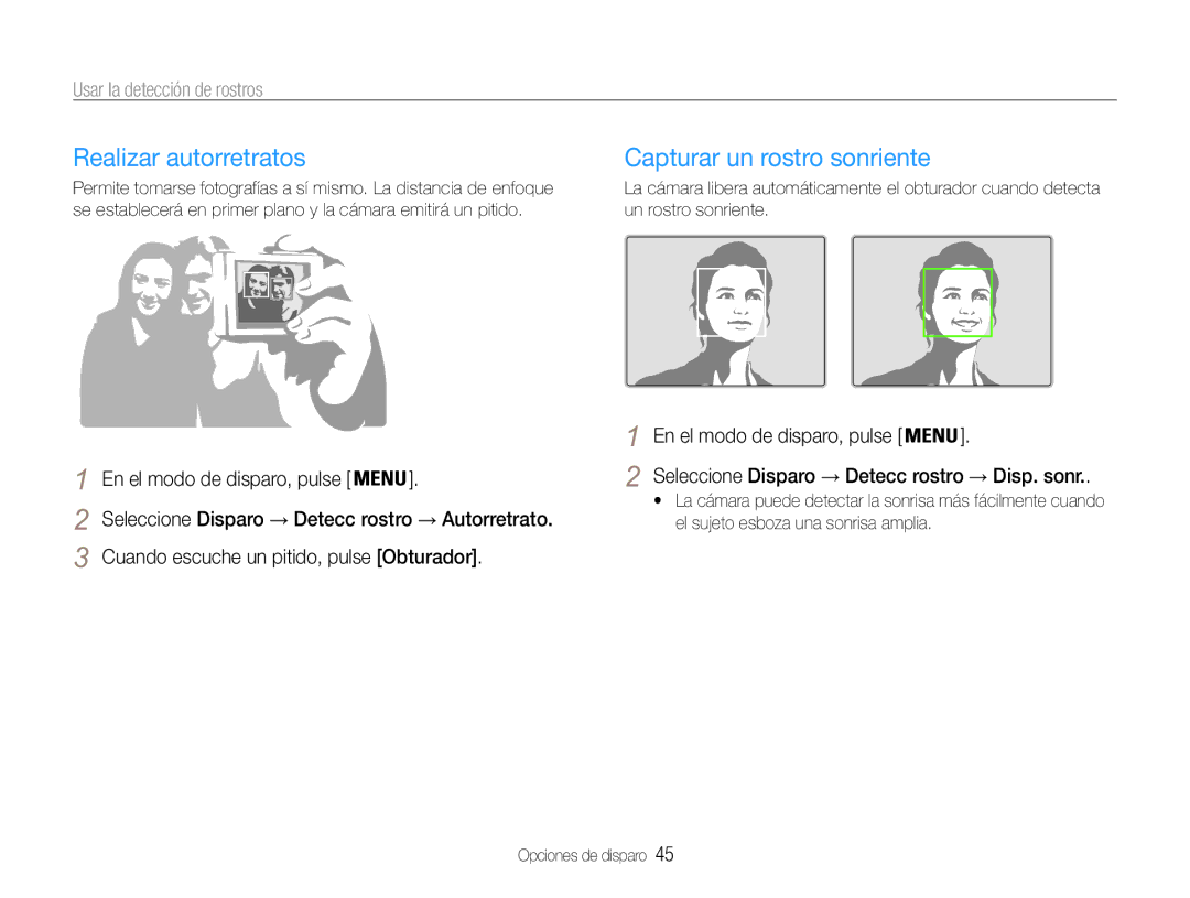 Samsung EC-PL200ZBPRE1, EC-PL200ZBPBE1 Realizar autorretratos, Capturar un rostro sonriente, Usar la detección de rostros 