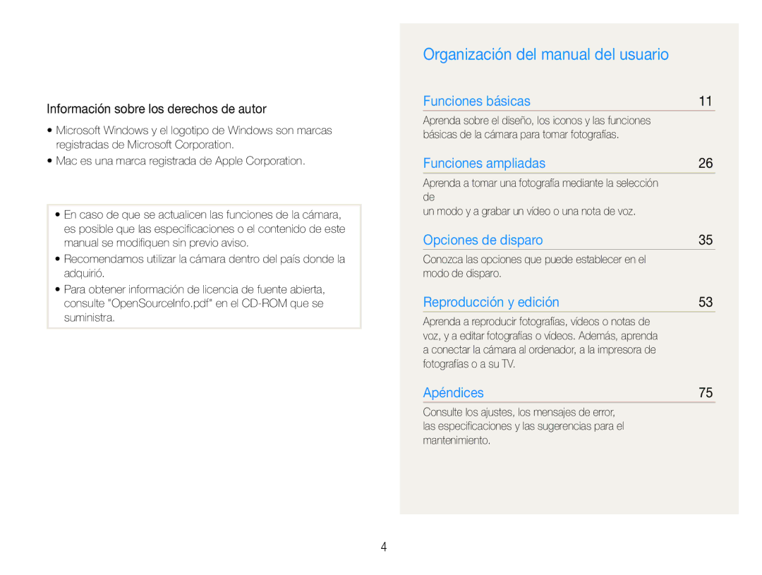 Samsung EC-PL200ZBPBE1 Organización del manual del usuario, Información sobre los derechos de autor, Fotografías o a su TV 