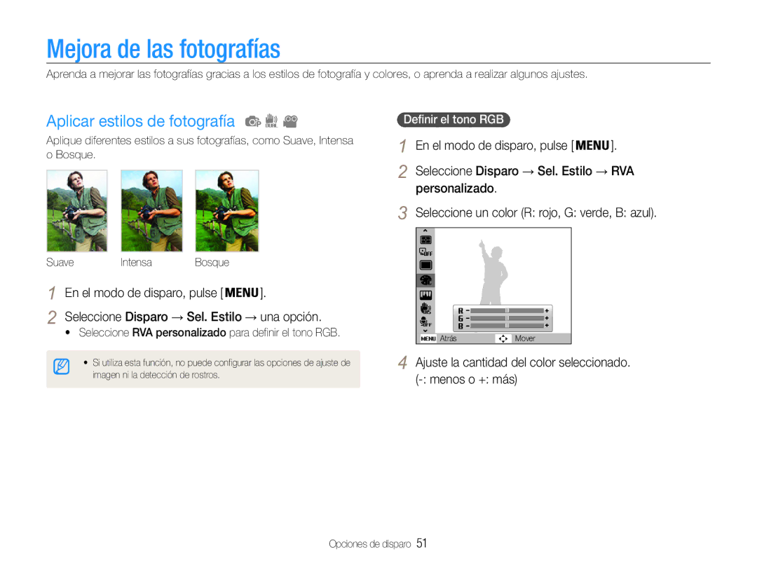 Samsung EC-PL200ZBPRE1, EC-PL200ZBPBE1 manual Mejora de las fotografías, Aplicar estilos de fotografía, Definir el tono RGB 