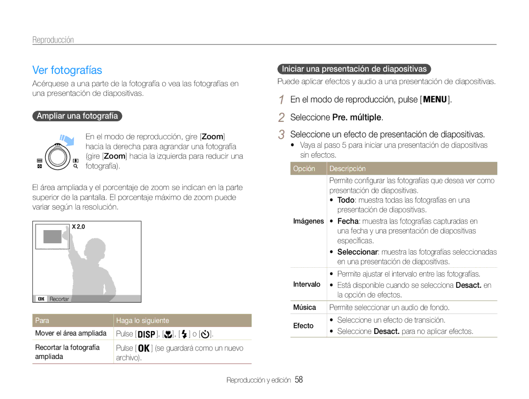 Samsung EC-PL200ZBPBE1 manual Ver fotografías, Ampliar una fotografía, Iniciar una presentación de diapositivas, Para 