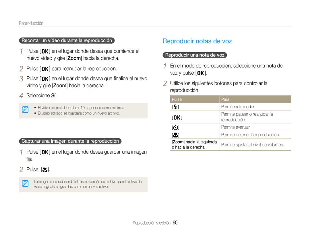 Samsung EC-PL200ZBPBE1, EC-PL200ZBPRE1 manual Reproducir notas de voz, Nuevo vídeo y gire Zoom hacia la derecha, Fija Pulse 