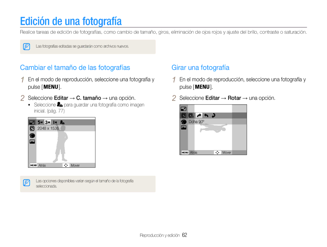 Samsung EC-PL200ZBPBE1 manual Edición de una fotografía, Cambiar el tamaño de las fotografías, Girar una fotografía 