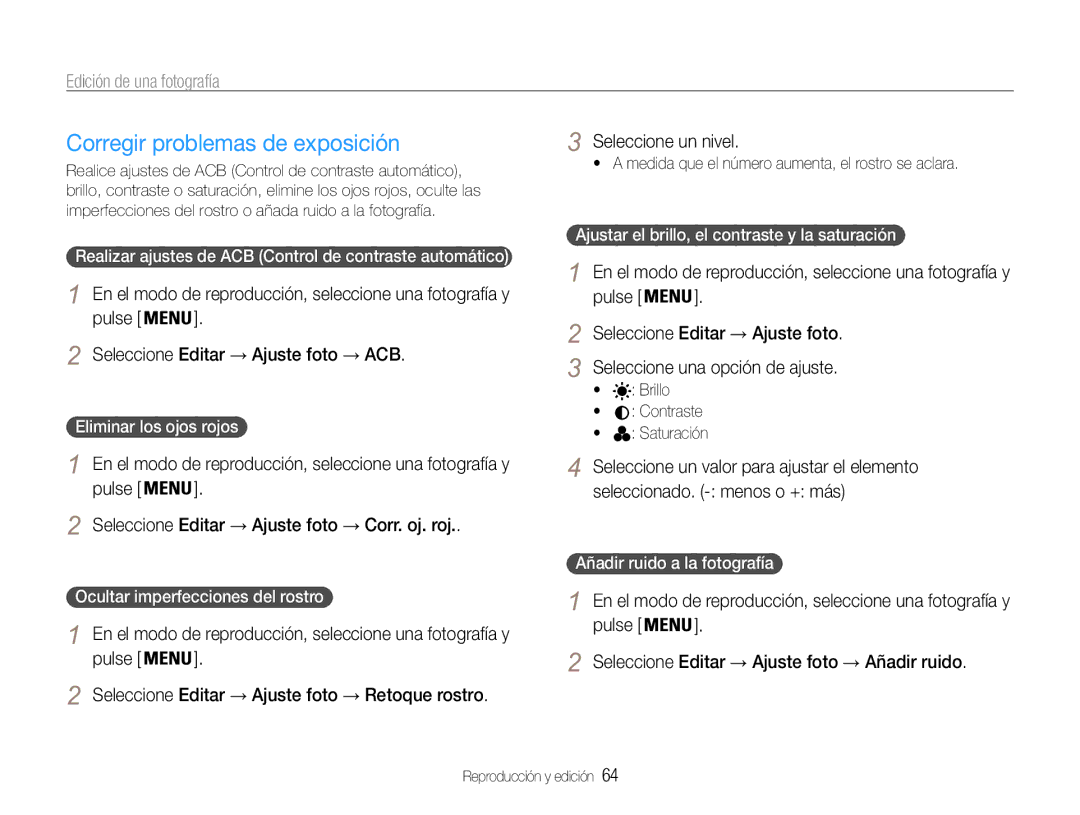 Samsung EC-PL200ZBPBE1, EC-PL200ZBPRE1 Corregir problemas de exposición, Seleccione un nivel, Añadir ruido a la fotografía 