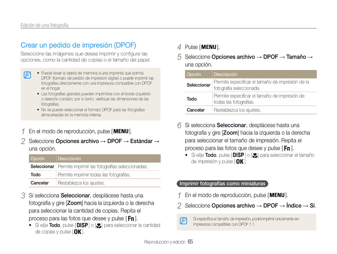 Samsung EC-PL200ZBPRE1, EC-PL200ZBPBE1 manual Crear un pedido de impresión Dpof, Imprimir fotografías como miniaturas 