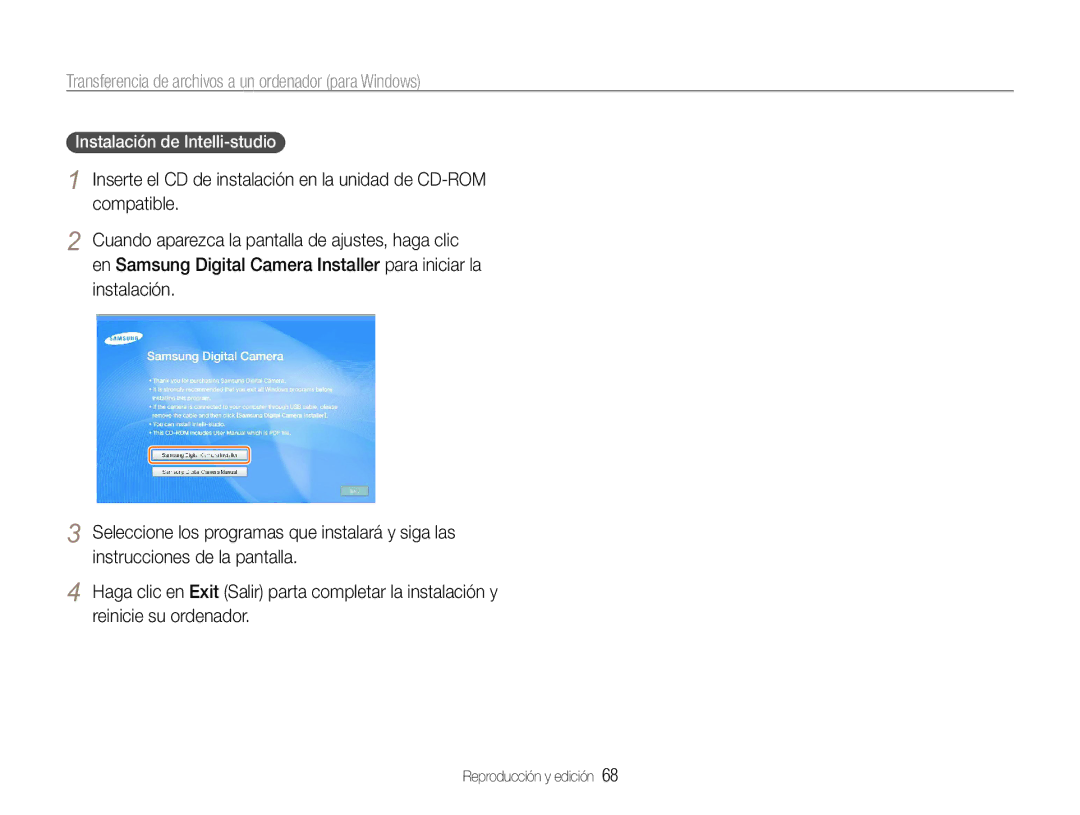 Samsung EC-PL200ZBPBE1 manual Transferencia de archivos a un ordenador para Windows, Instalación de Intelli-studio 