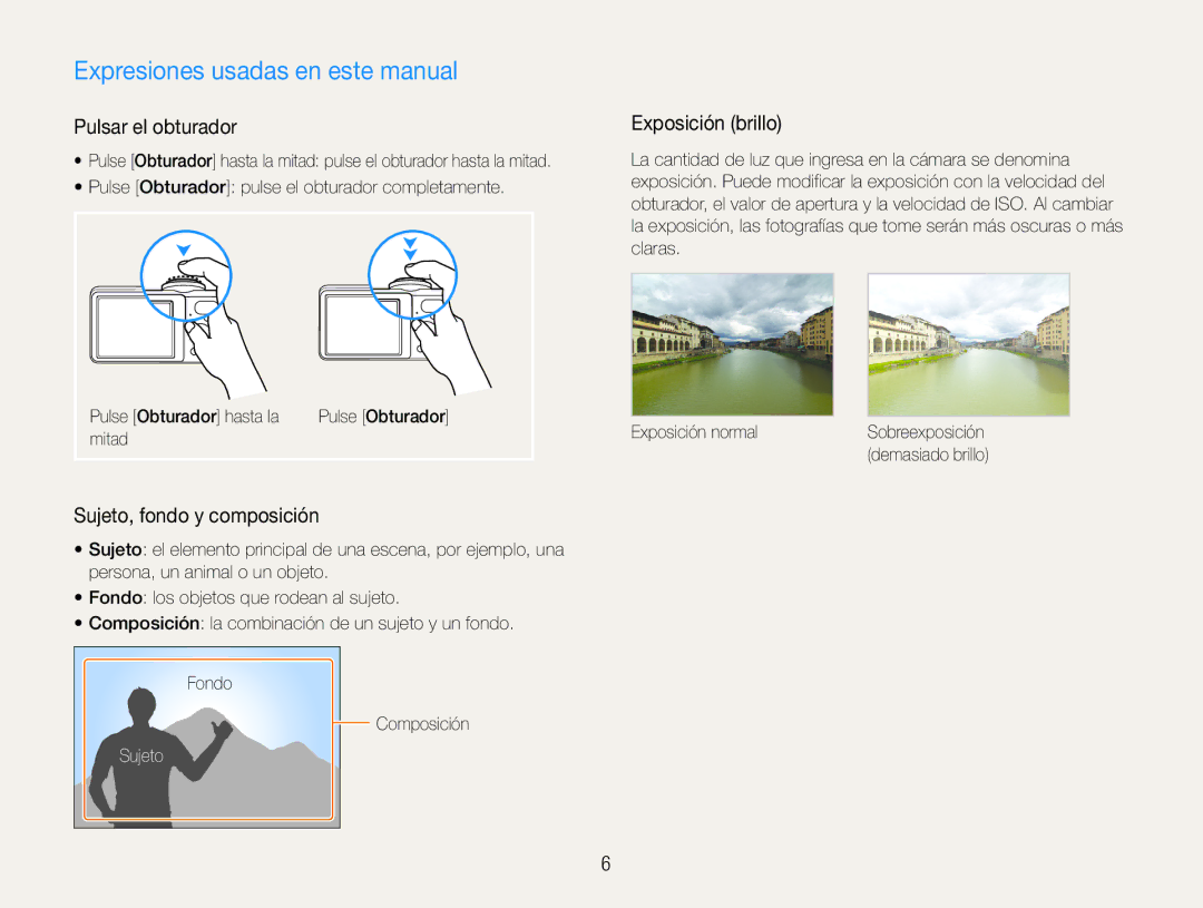 Samsung EC-PL200ZBPBE1, EC-PL200ZBPRE1 Expresiones usadas en este manual, Pulsar el obturador, Sujeto, fondo y composición 