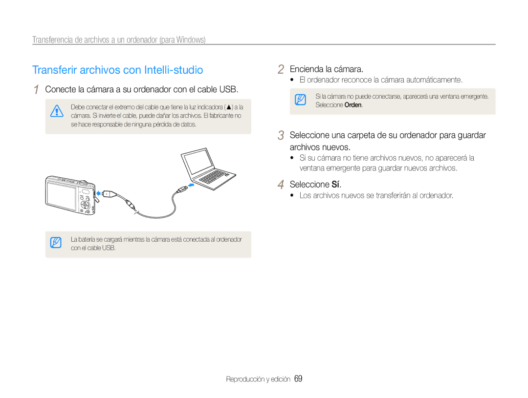 Samsung EC-PL200ZBPRE1 manual Transferir archivos con Intelli-studio, Conecte la cámara a su ordenador con el cable USB 