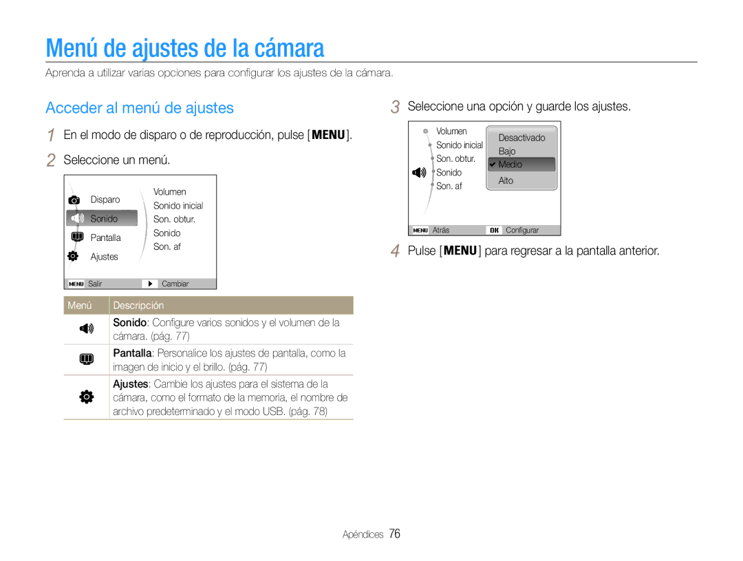 Samsung EC-PL200ZBPBE1 Menú de ajustes de la cámara, Acceder al menú de ajustes, Seleccione un menú, Menú Descripción 