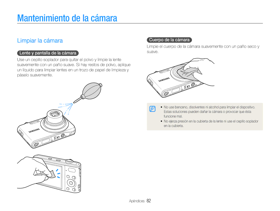 Samsung EC-PL200ZBPBE1 Mantenimiento de la cámara, Limpiar la cámara, Lente y pantalla de la cámara, Cuerpo de la cámara 