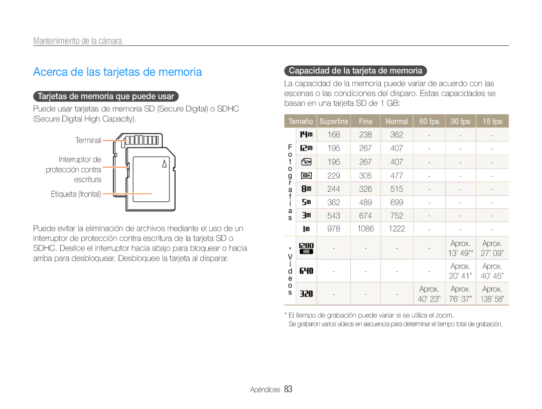 Samsung EC-PL200ZBPRE1 Acerca de las tarjetas de memoria, Mantenimiento de la cámara, Tarjetas de memoria que puede usar 