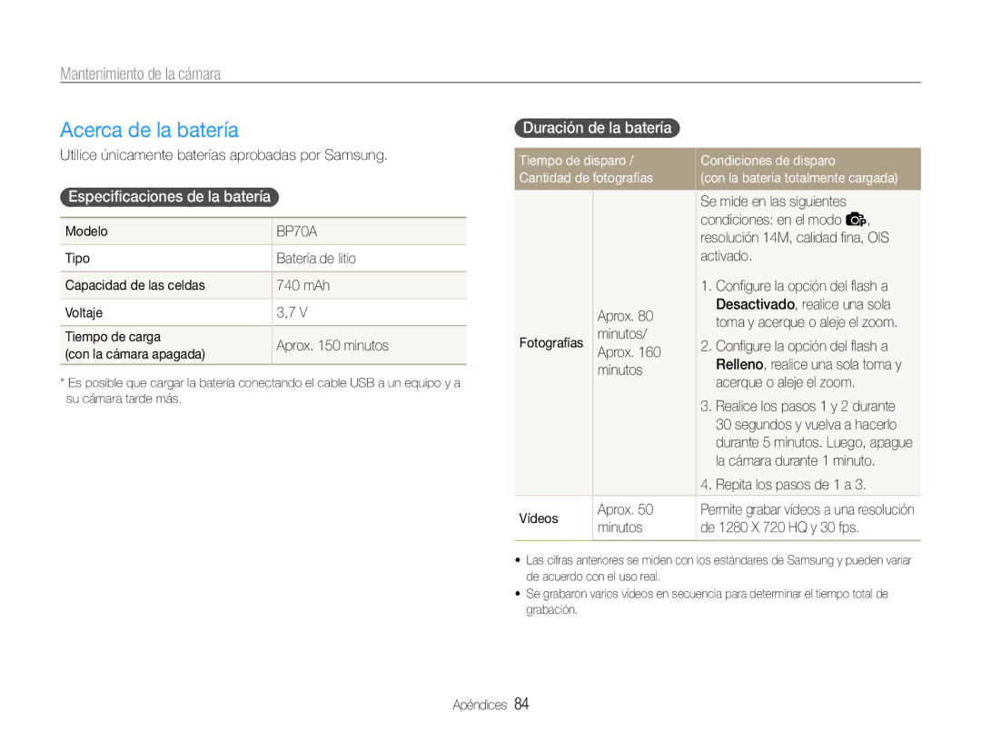 Samsung EC-PL200ZBPBE1, EC-PL200ZBPRE1 manual Acerca de la batería, Especificaciones de la batería, Duración de la batería 