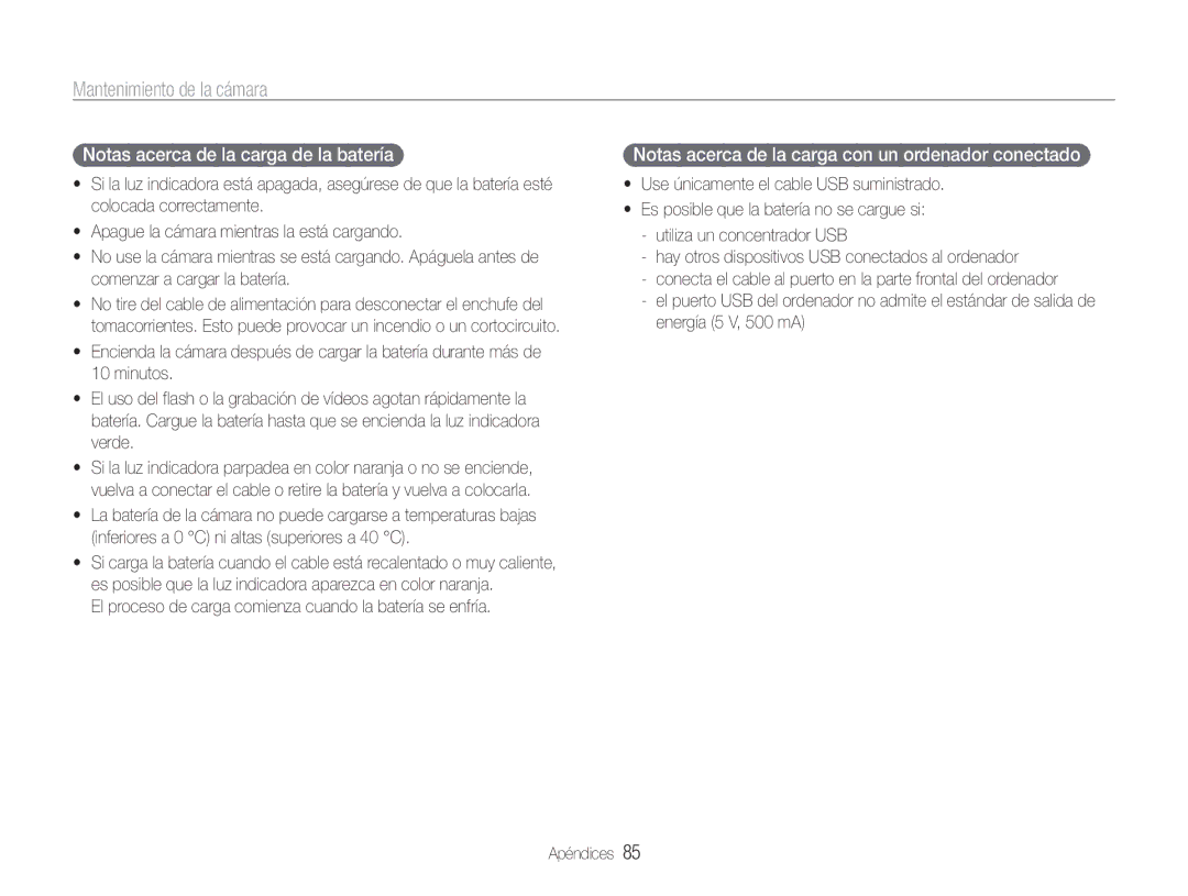 Samsung EC-PL200ZBPRE1 manual Notas acerca de la carga de la batería, Notas acerca de la carga con un ordenador conectado 