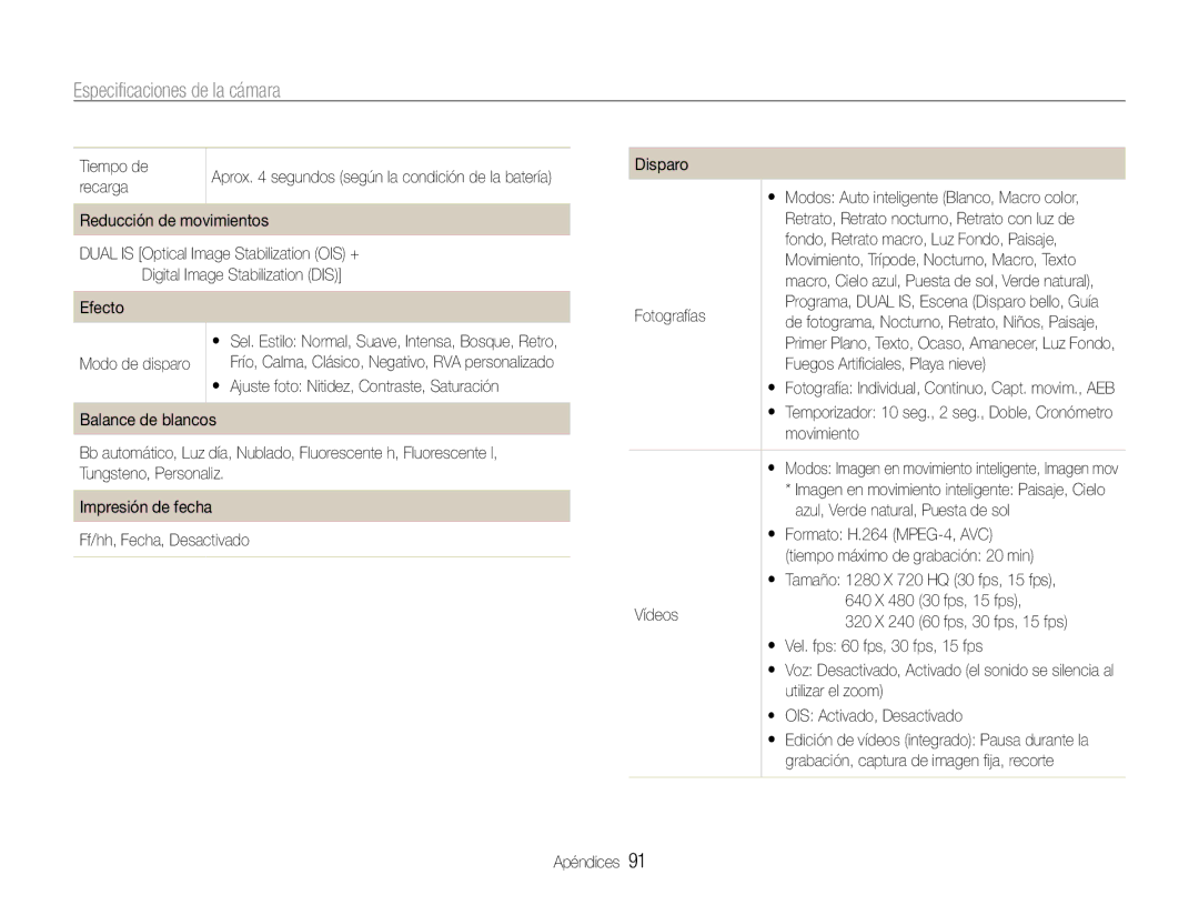 Samsung EC-PL200ZBPRE1, EC-PL200ZBPBE1 manual Especificaciones de la cámara 