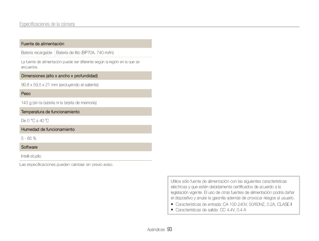 Samsung EC-PL200ZBPRE1, EC-PL200ZBPBE1 manual Características de salida CC 4.4V, 0.4 a Apéndices 